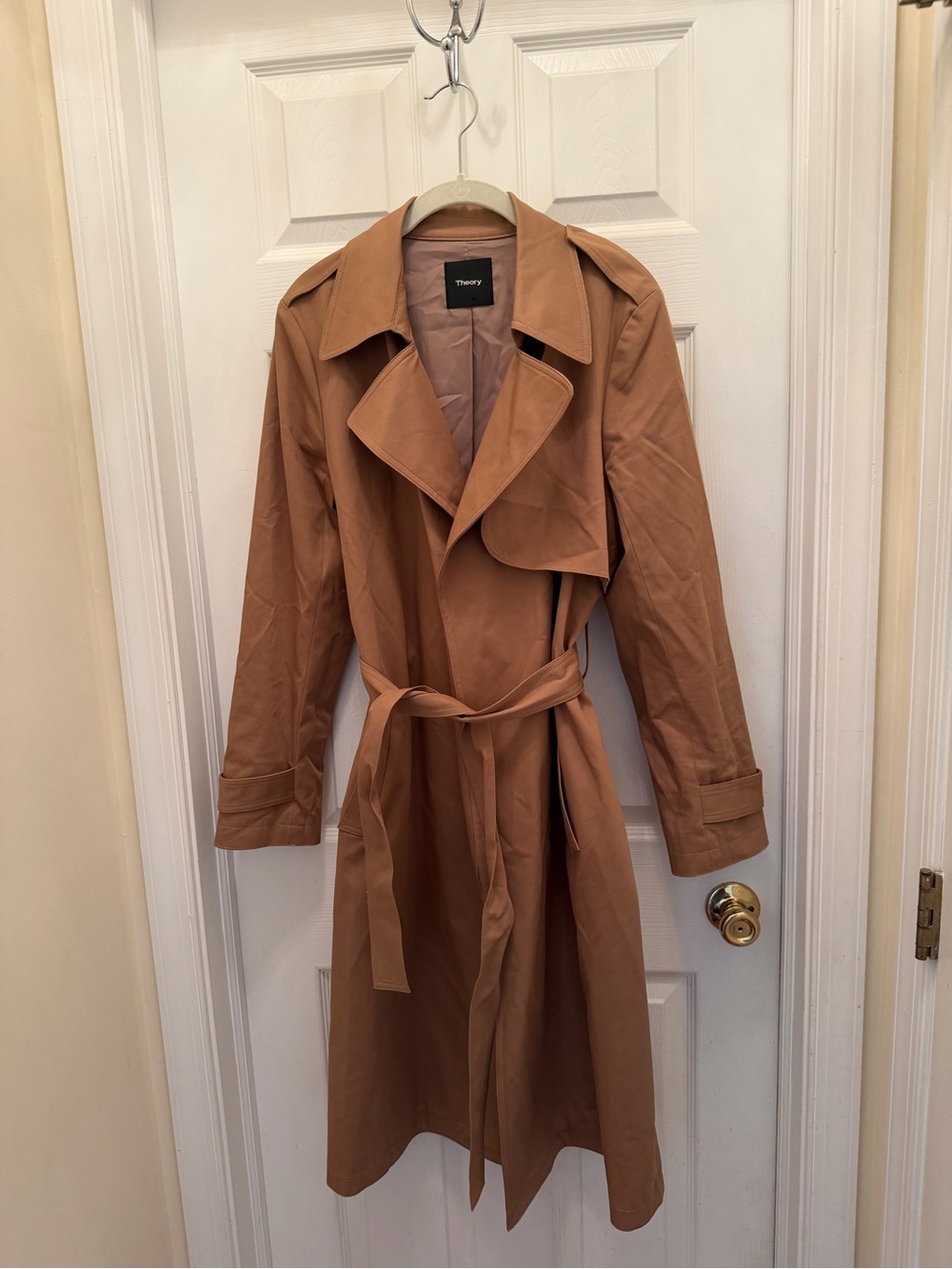 Theory Oaklane Twill Belted Trench Coat Beige Women's Size L Long Sleeve
